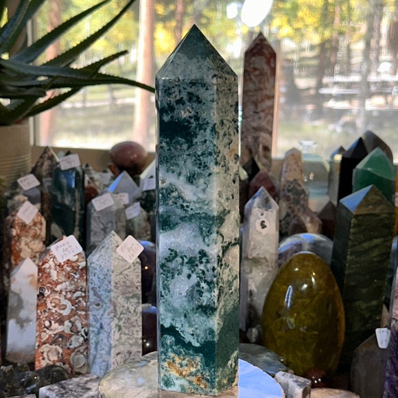 Moss Agate Crystal Tower With Druzy! - Picture 5 of 13